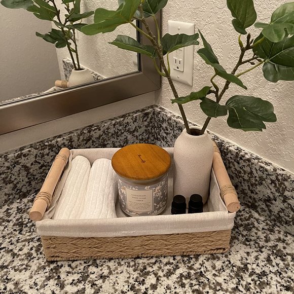 Set OF 2 Beige Rope Wicker Storage Baskets with Handles Decorative Storage Bins - Picture 2 of 10